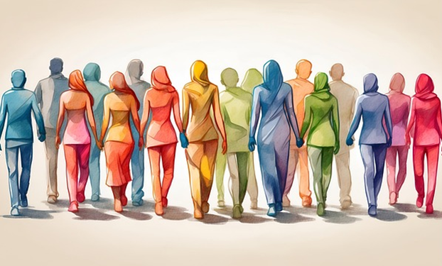 Mehrere Silhouetten von Menschen in bunten Farben